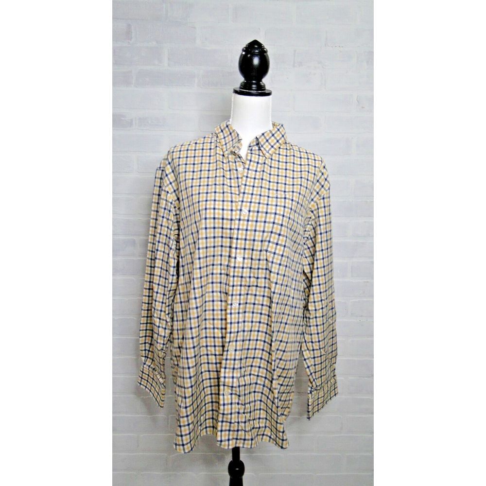 Duluth Trading Wrinkle Fighter Mens L Yellow/Blue Plaid‎ Button Down Long Sleeve